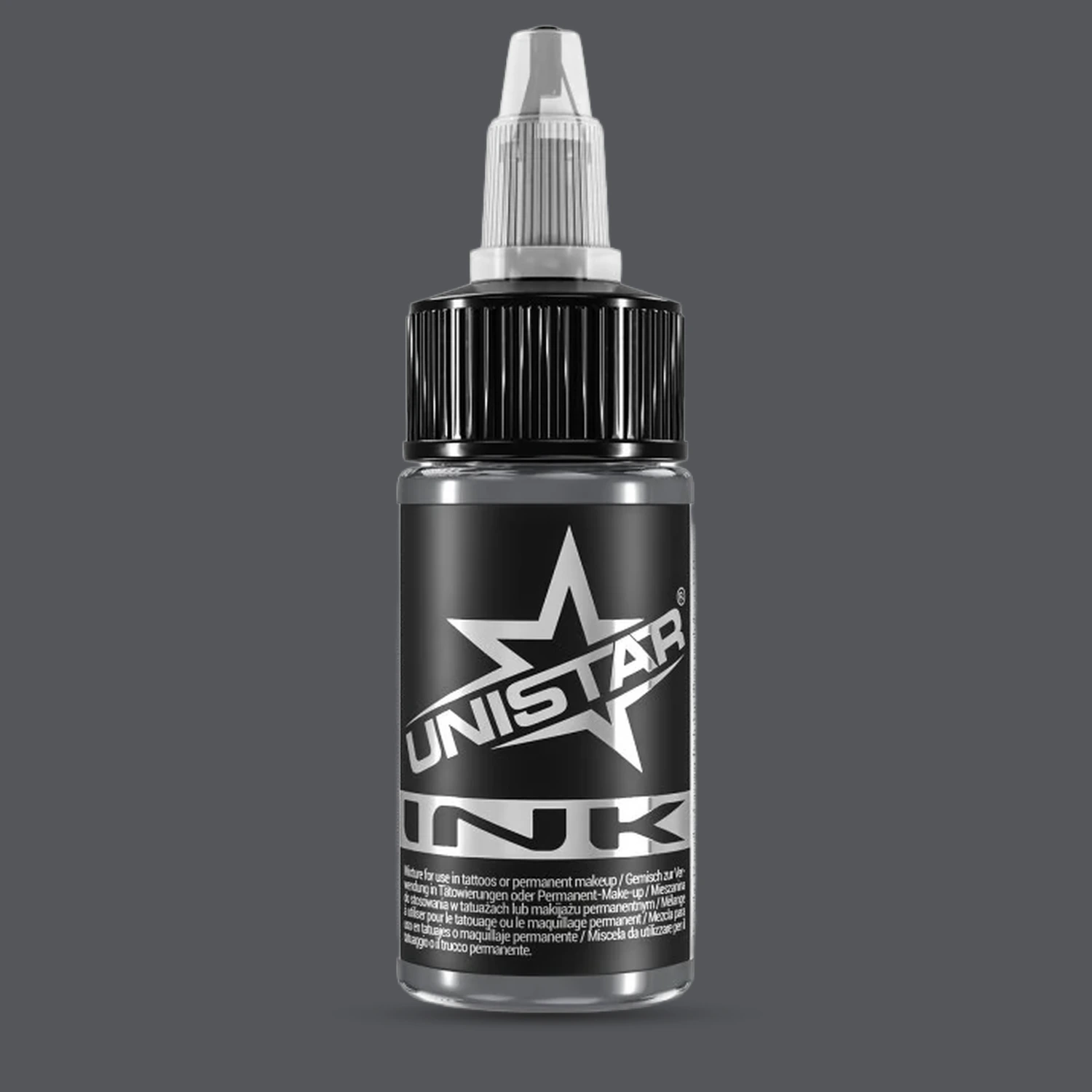 Unistar Solid Gray #4 Tattoofarbe in der 30-ml-Flasche vor einem Hintergrund im Farbton der Farbe, graue Tattoofarbe