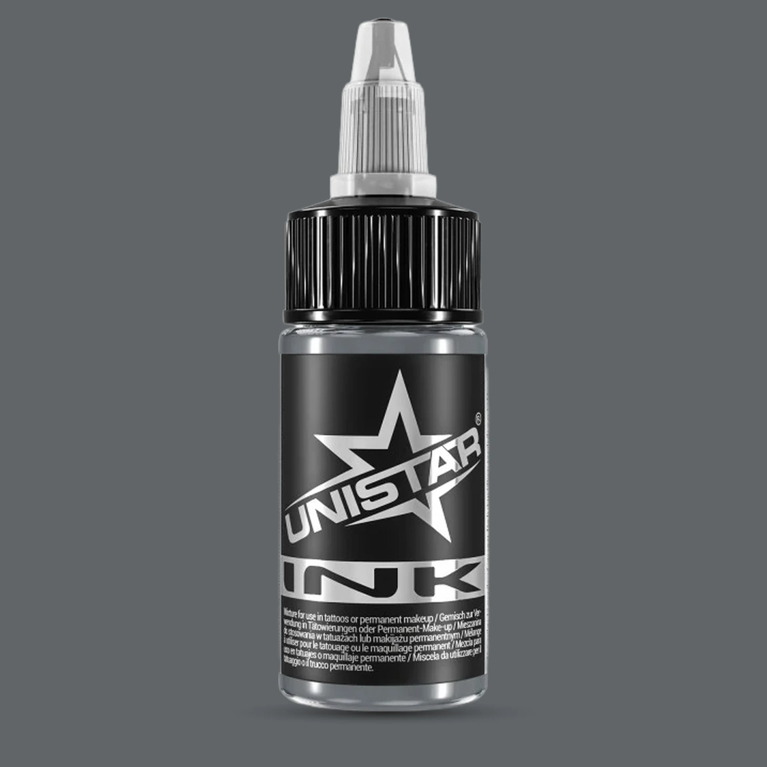 Unistar Solid Gray #3 Tattoofarbe in der 30-ml-Flasche vor einem Hintergrund im Farbton der Farbe, graue Tattoofarbe