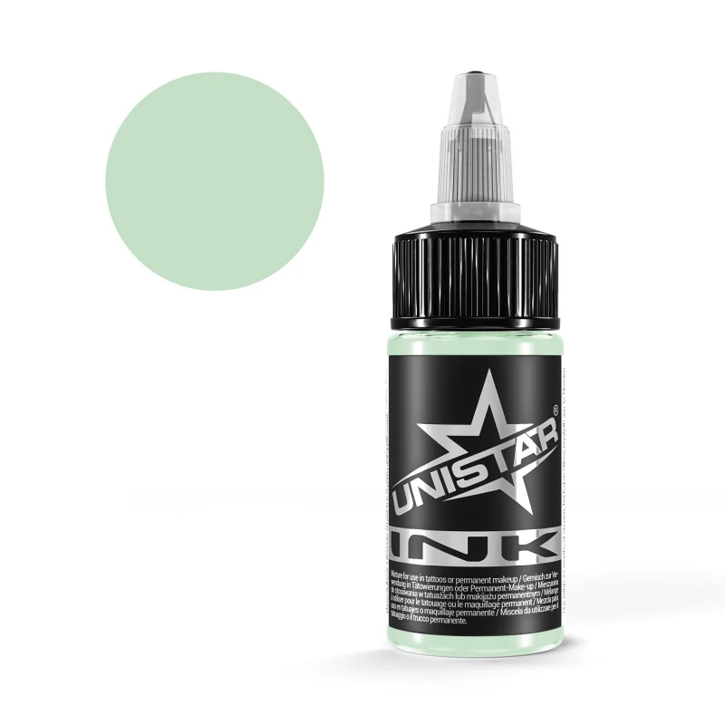 Unistar Fresh Peppermint Tattoofarbe in der 30-ml-Flasche mit Farbmuster, grüne Tattoofarbe
