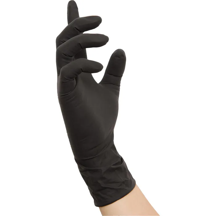 Schwarzer Nitras Black Scorpion Latex Handschuh an der Hand, puderfrei