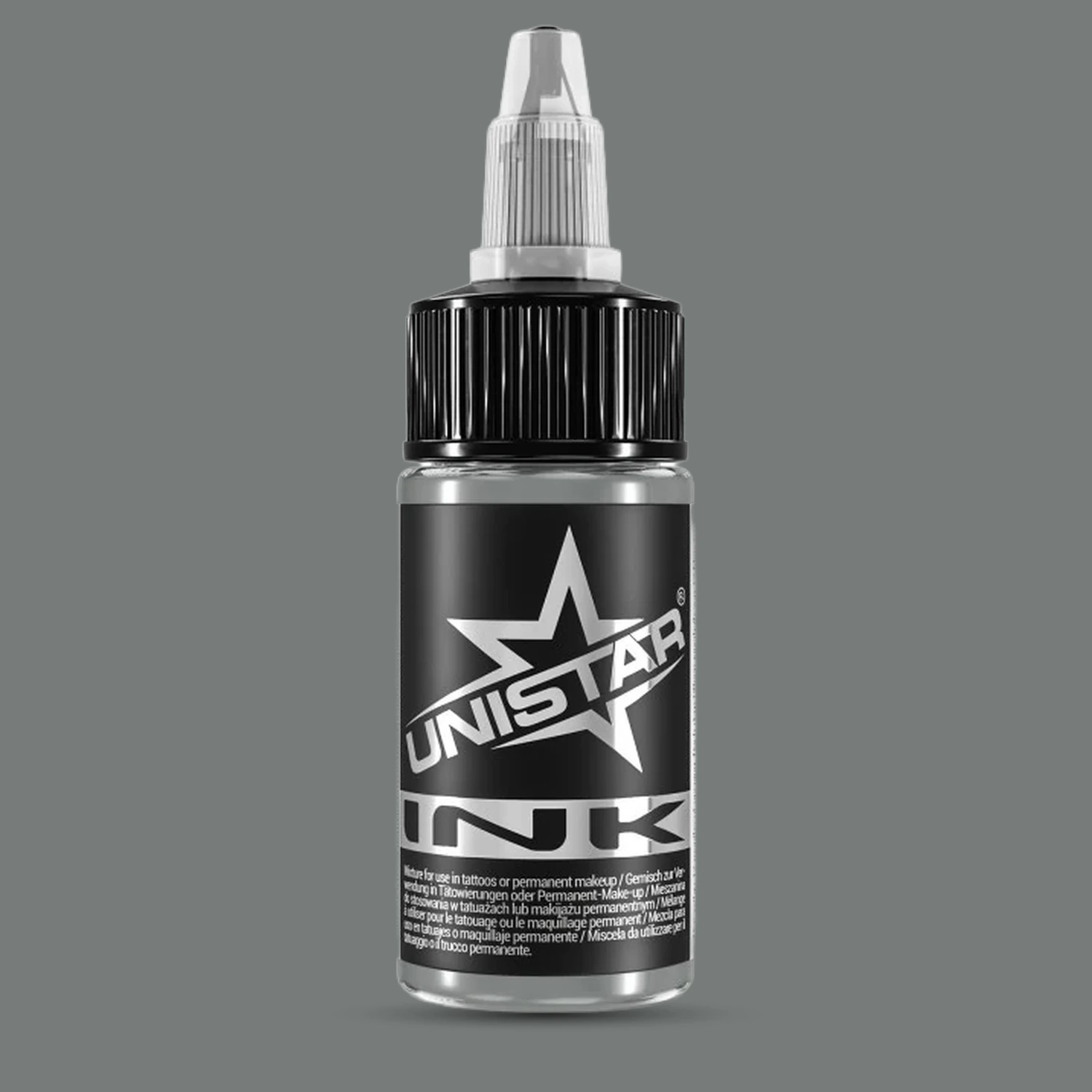 Unistar Solid Gray #2 Tattoofarbe in der 30-ml-Flasche vor einem Hintergrund im Farbton der Farbe, graue Tattoofarbe