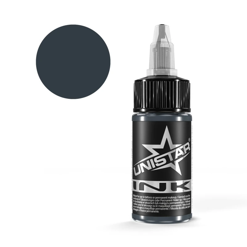 Unistar Blue Gray 2 Tattoofarbe in der 30-ml-Flasche mit Farbmuster, graue Tattoofarbe