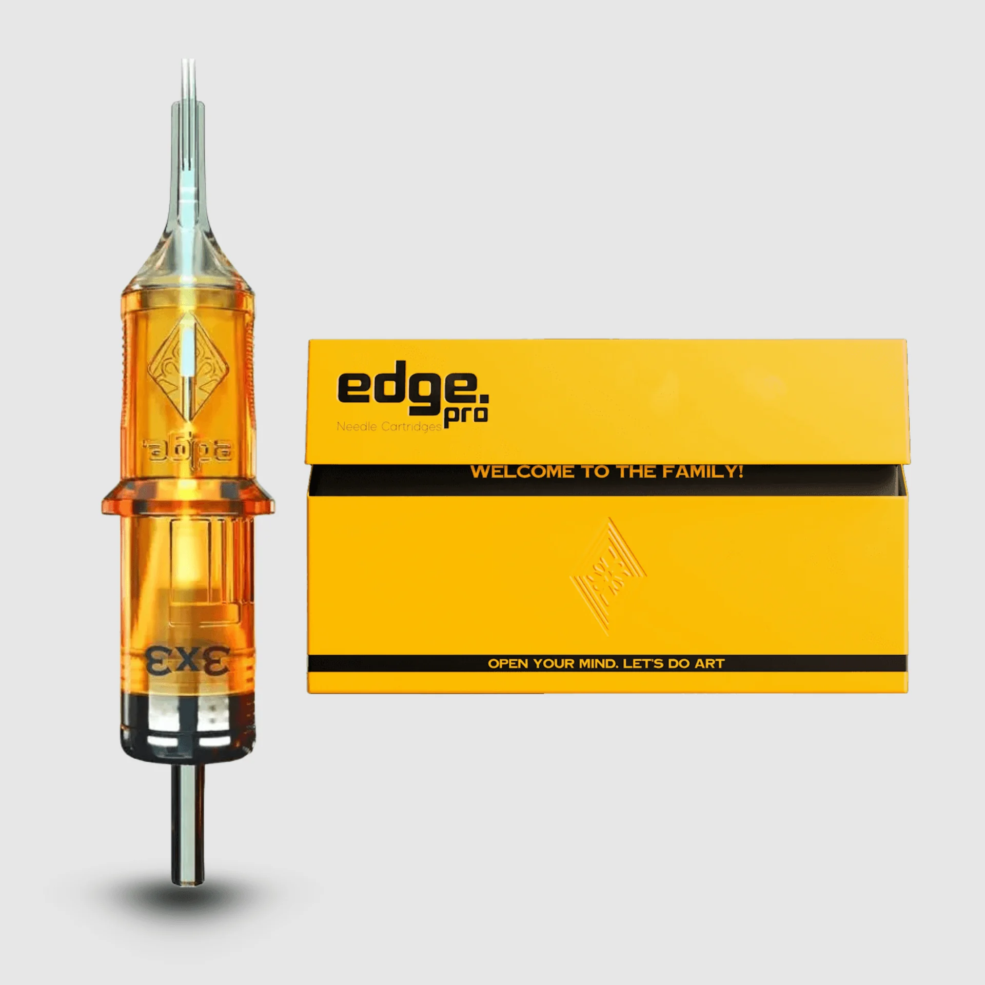 Verpackung der Edge Pro Whip Shading Cartridges mit 20 Stück,            Nadelstärke und Größe sichtbar auf der Schachtel