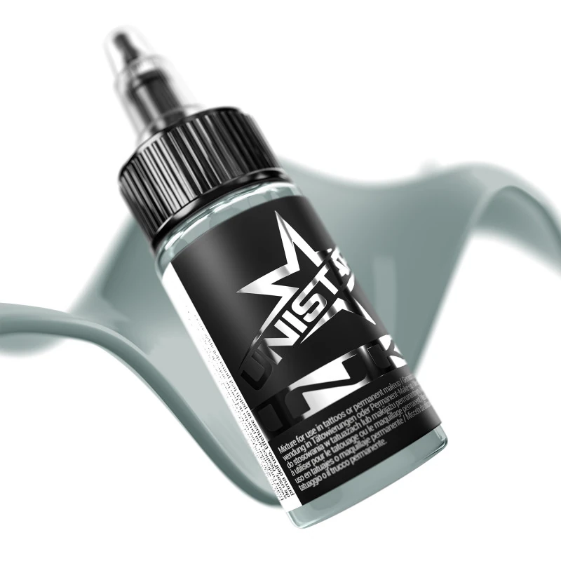 Unistar Light Grayish Green als Farbschwung um die 30-ml-Flasche, graue Tattoofarbe