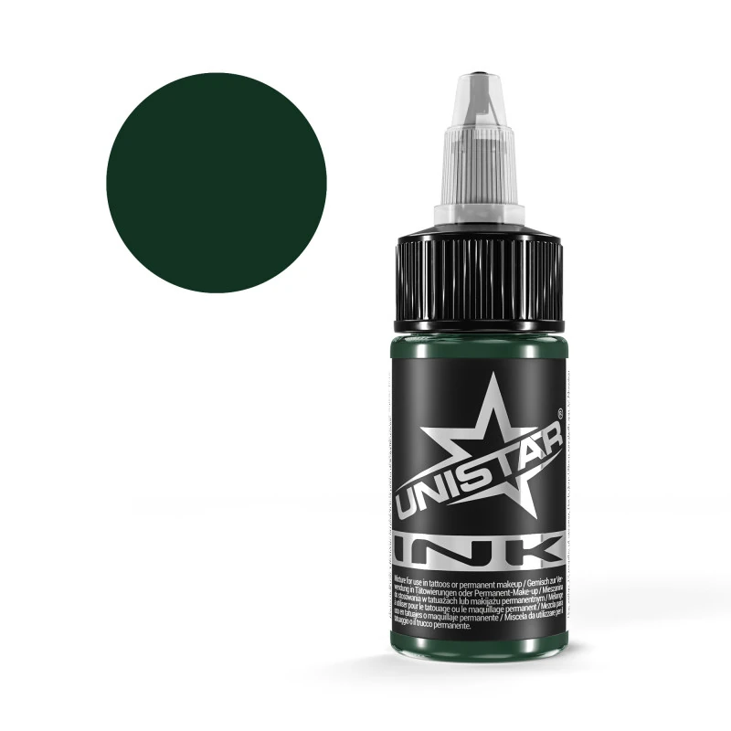 Unistar Deep Green Tattoofarbe in der 30-ml-Flasche mit Farbmuster, grüne Tattoofarbe