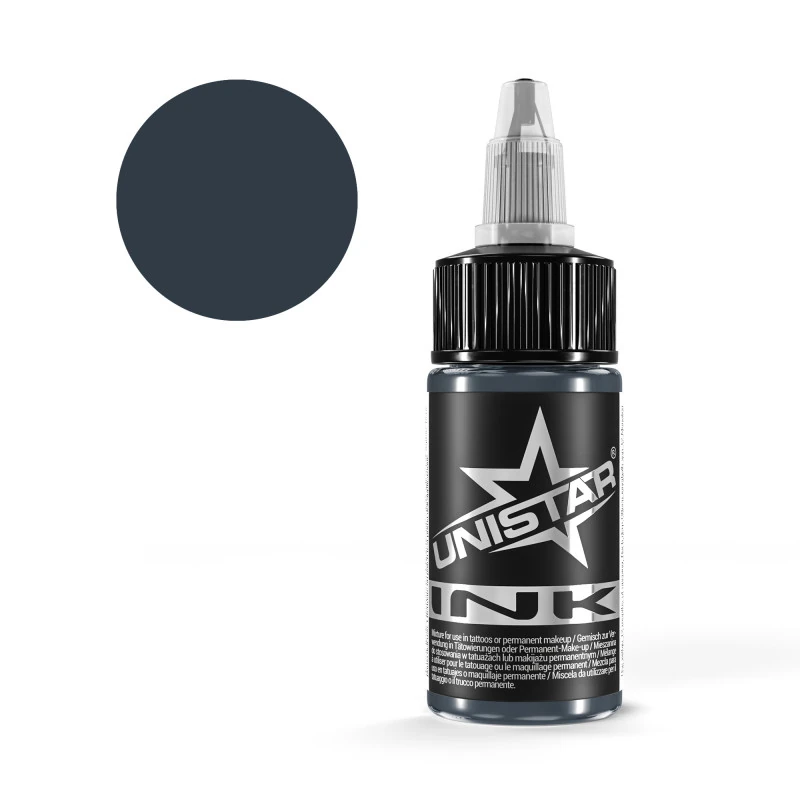 Unistar Blue Gray 5 Tattoofarbe in der 30-ml-Flasche mit Farbmuster, graue Tattoofarbe