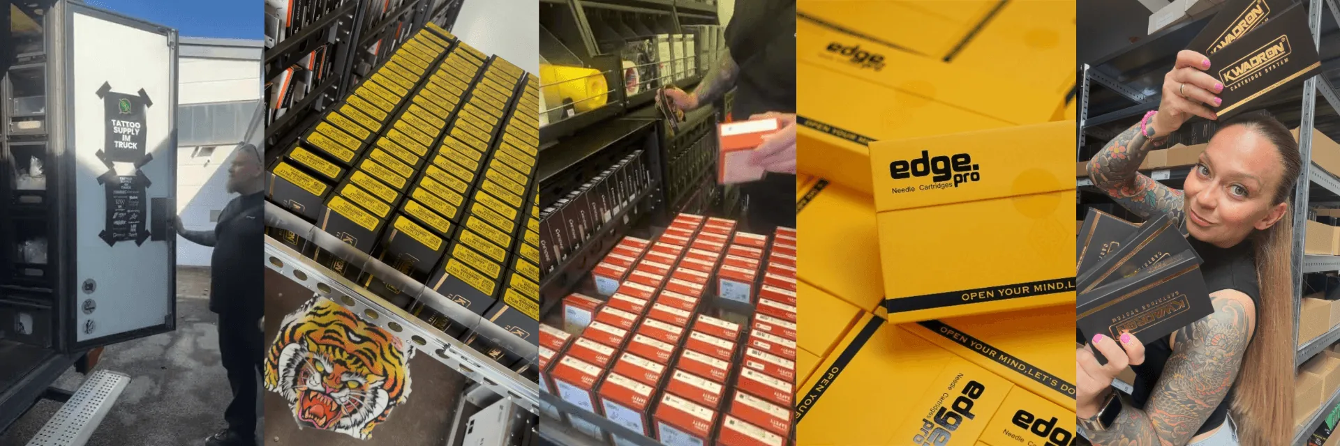 Lager von Call The Truck Tattoo Supply: Chris am geöffneten Truck, Schubladen voll Kwadron und Cheyenne Safety Cartridges, gelbe Edge Pro Cartridges und Tina mit Kwadron Paketen
