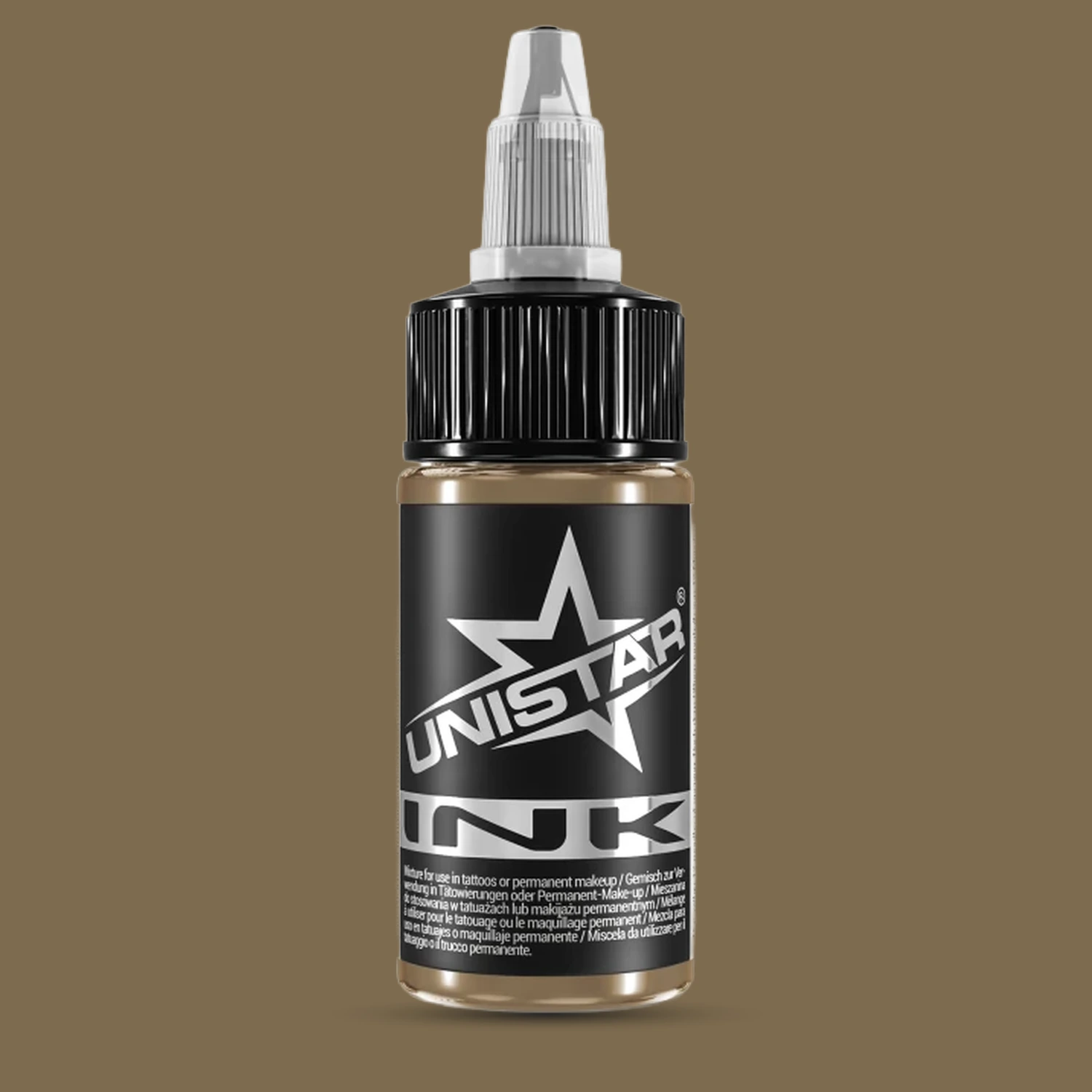 Unistar Light Brown Tattoofarbe in der 30-ml-Flasche vor einem Hintergrund im Farbton der Farbe, braune Tattoofarbe