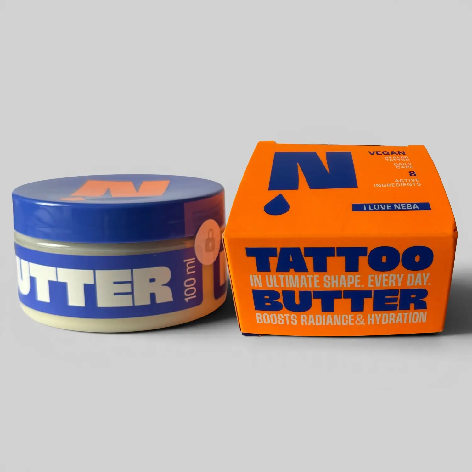 NEBA Tattoo Butter I Love Neba 100 ml mit geöffneter Verpackung