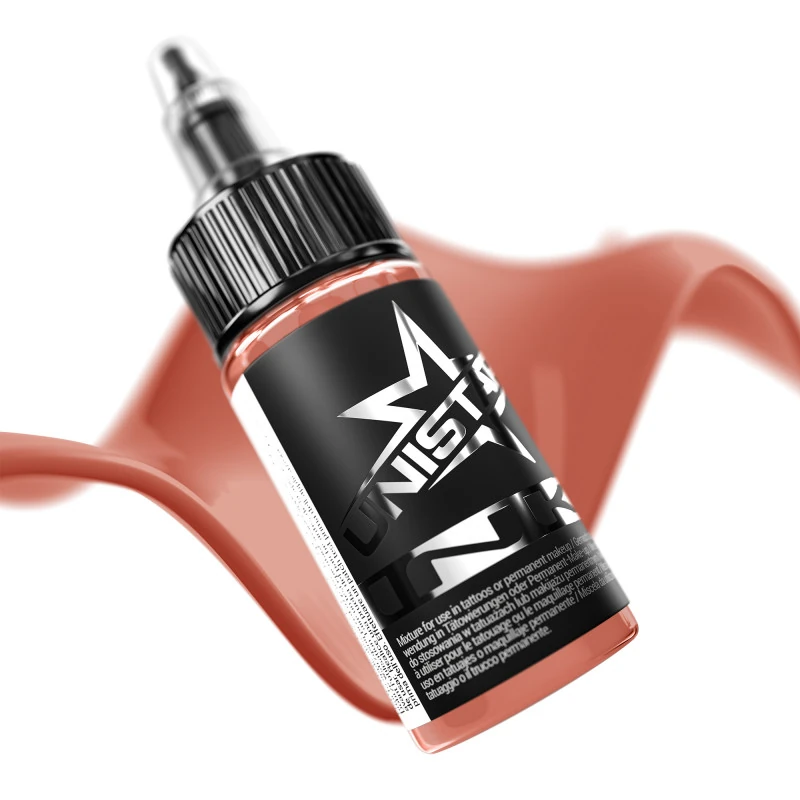 Unistar Coral Red als Farbschwung um die 30-ml-Flasche, rote Tattoofarbe