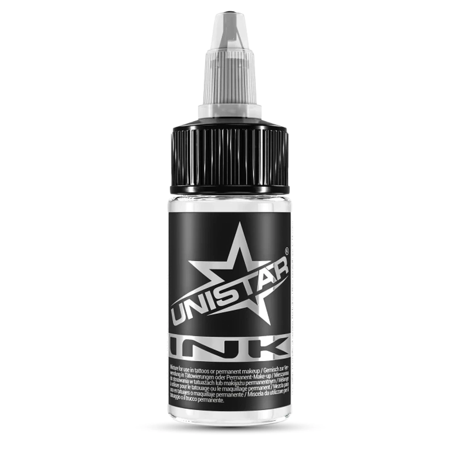 Unistar Heavy White Tattoofarbe in der 30-ml-Flasche vor einem Hintergrund im Farbton der Farbe, weiße Tattoofarbe