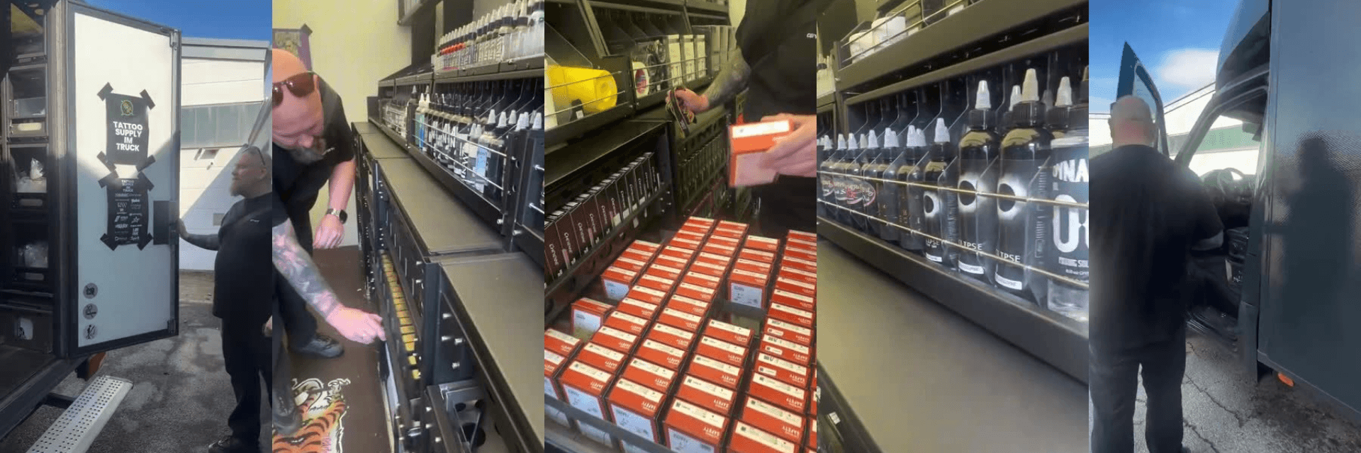 Fünf Eindrücke aus dem Call the Truck Truck: geöffnete Tür mit Aufkleber Tattoo Supply im Truck, Regale mit Tattoofarben, Cartridge-Boxen und Nadeln