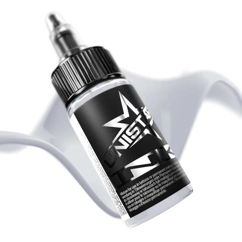 Unistar Basic Gray Light als Farbschwung um die 30-ml-Flasche, graue Tattoofarbe