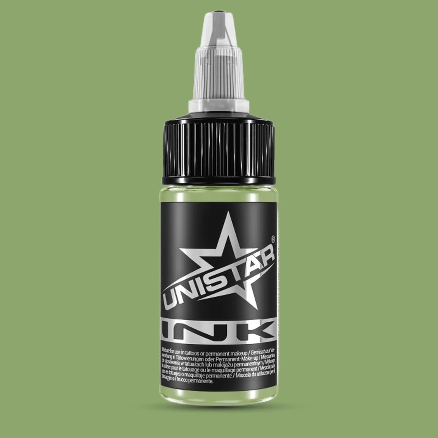 Unistar Garden Fresh Tattoofarbe in der 30-ml-Flasche vor einem Hintergrund im Farbton der Farbe, grüne Tattoofarbe
