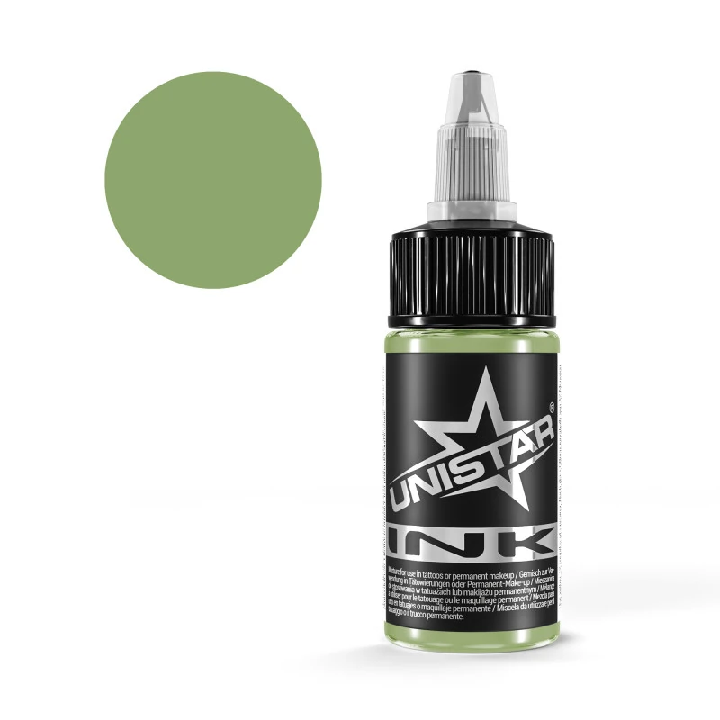 Unistar Garden Fresh Tattoofarbe in der 30-ml-Flasche mit Farbmuster, grüne Tattoofarbe