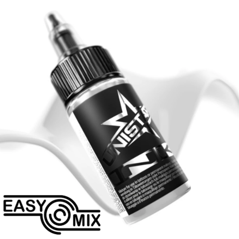 Unistar Top Basic White als Farbschwung um die 30-ml-Flasche, weiße Tattoofarbe