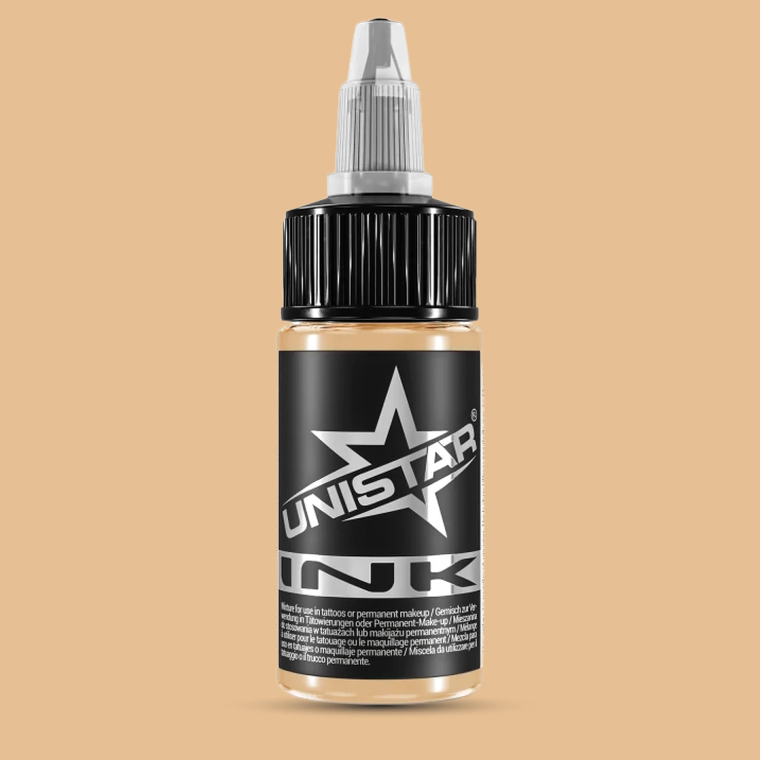 Unistar Beige Tattoofarbe in der 30-ml-Flasche vor einem Hintergrund im Farbton der Farbe, braune Tattoofarbe