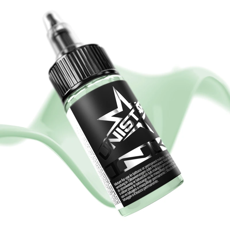Unistar Fresh Peppermint als Farbschwung um die 30-ml-Flasche, grüne Tattoofarbe
