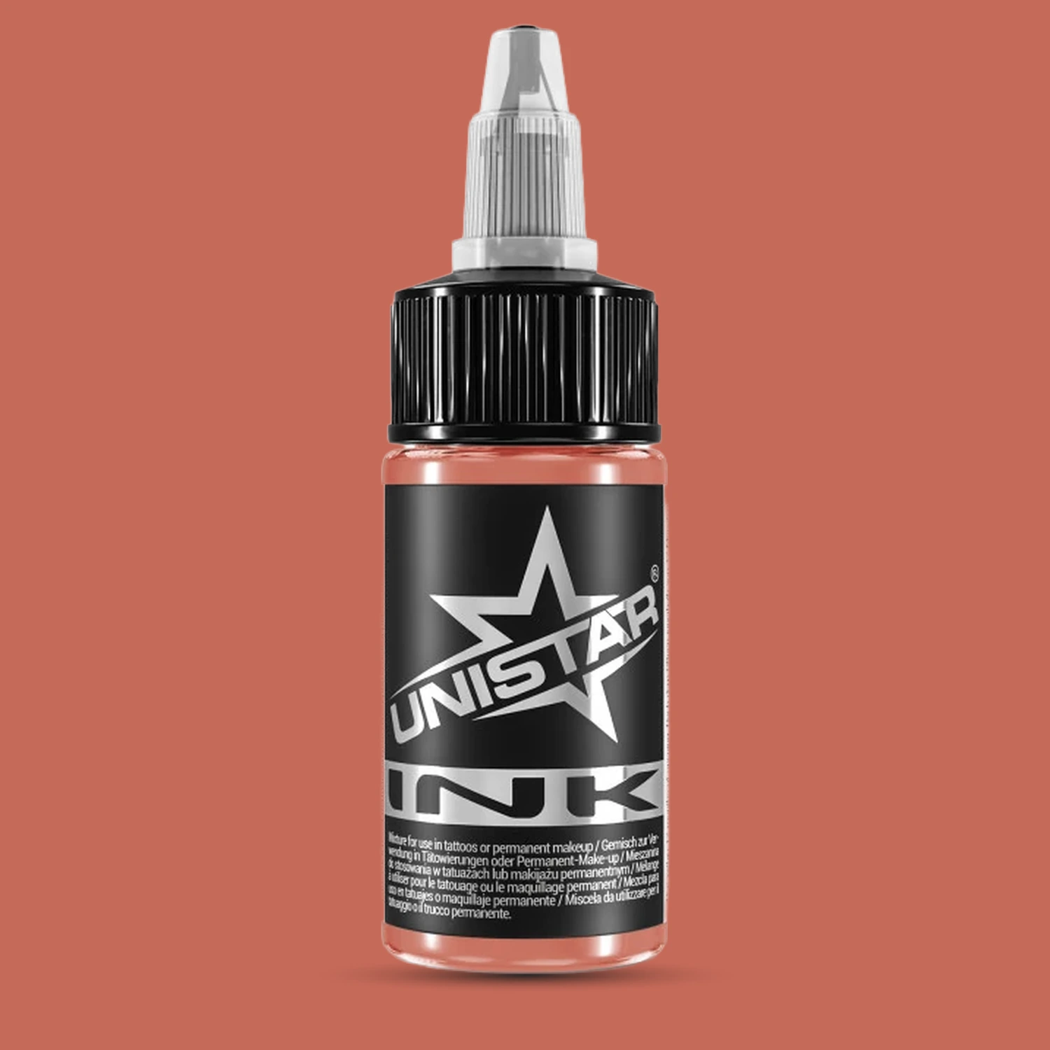 Unistar Coral Red Tattoofarbe in der 30-ml-Flasche vor einem Hintergrund im Farbton der Farbe, rote Tattoofarbe