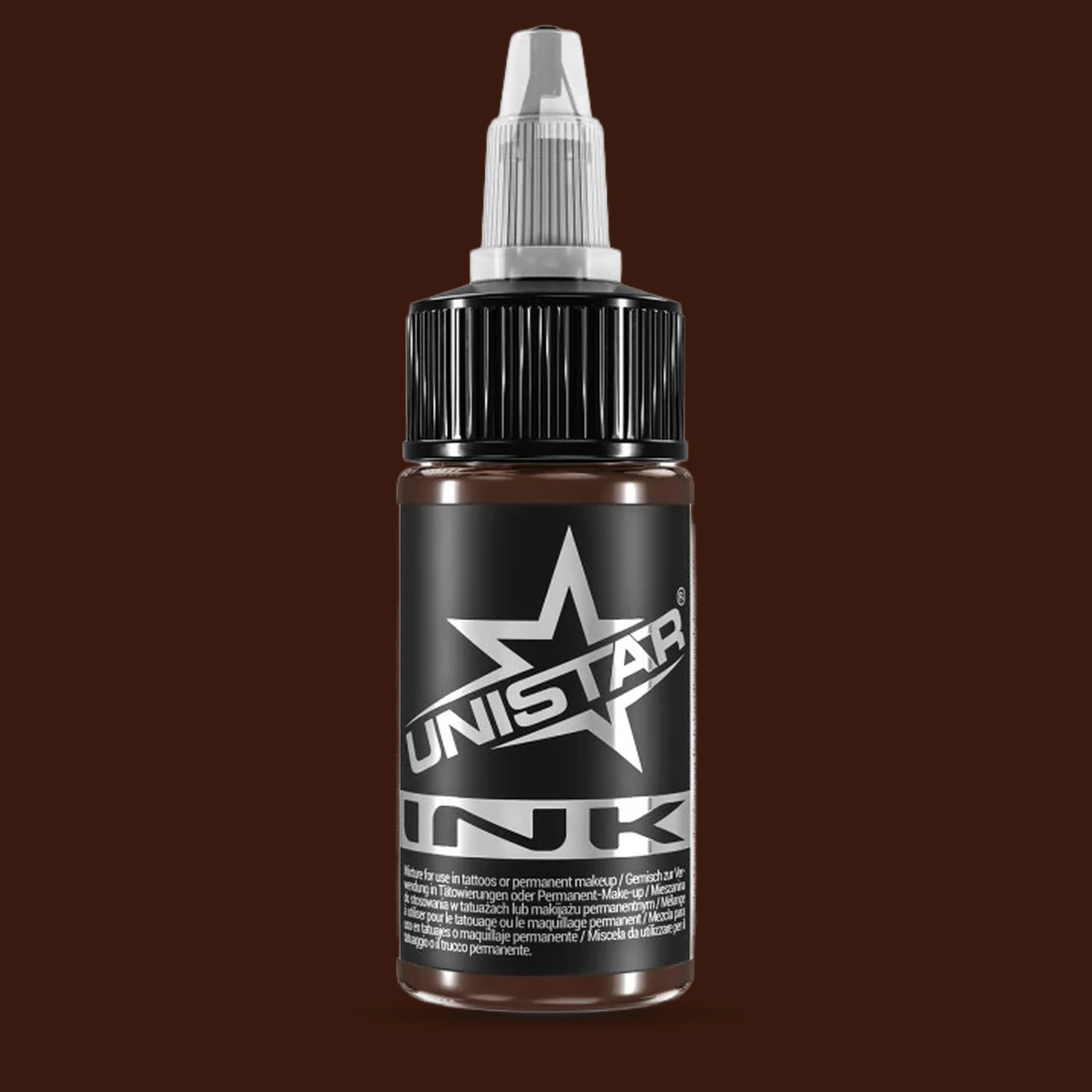 Unistar Basic Brown 2 Tattoofarbe in der 30-ml-Flasche vor einem Hintergrund im Farbton der Farbe, braune Tattoofarbe