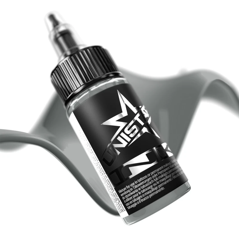 Unistar Solid Gray #2 als Farbschwung um die 30-ml-Flasche, graue Tattoofarbe