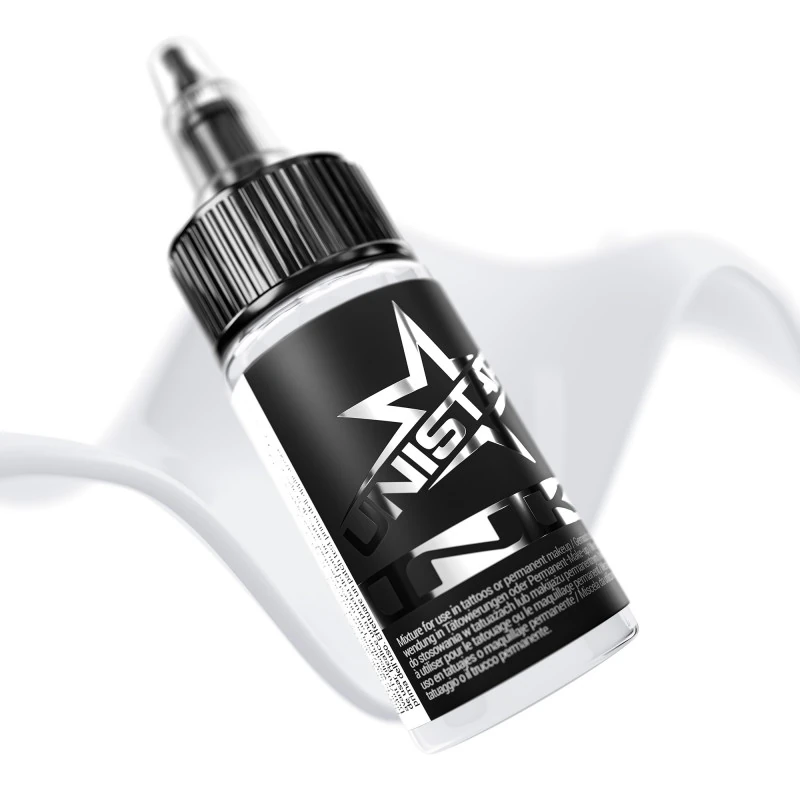 Unistar Basic Gray Ultra Light als Farbschwung um die 30-ml-Flasche, graue Tattoofarbe