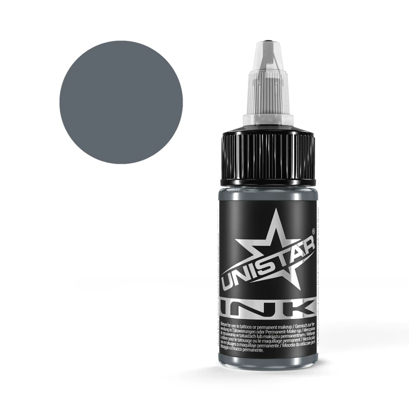 Unistar Basic Gray Medium Dark Tattoofarbe in der 30-ml-Flasche mit Farbmuster, graue Tattoofarbe