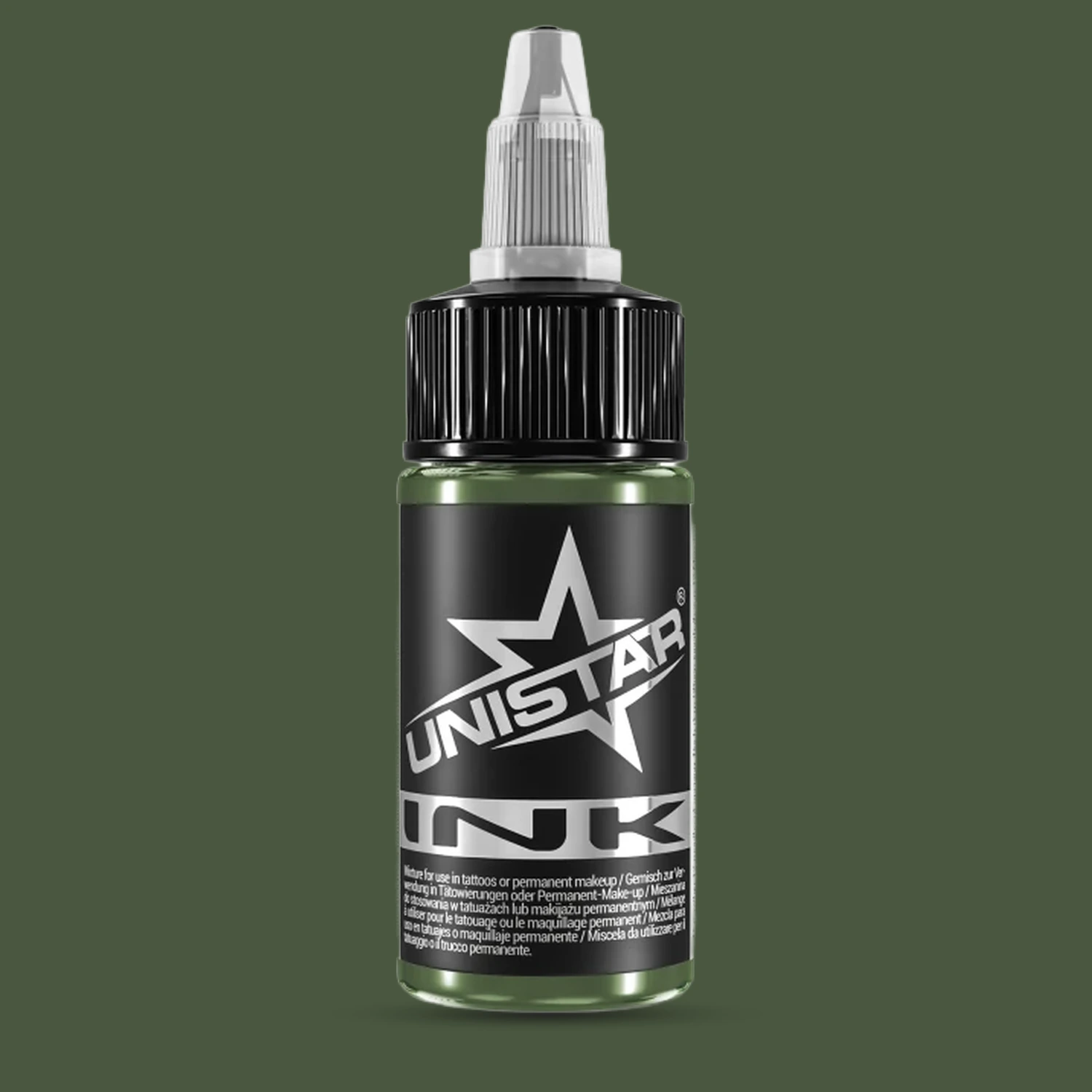 Unistar Dark Green Tattoofarbe in der 30-ml-Flasche vor einem Hintergrund im Farbton der Farbe, grüne Tattoofarbe