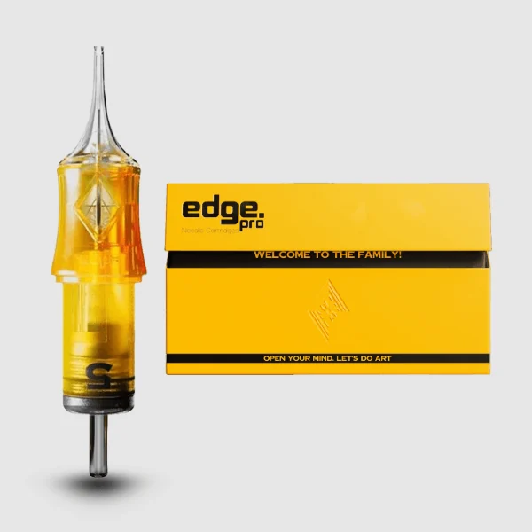 Verpackung der Edge Pro Straight Round Liner Cartridges mit            20 Stück, Nadelstärke und Größe sichtbar auf der Schachtel
