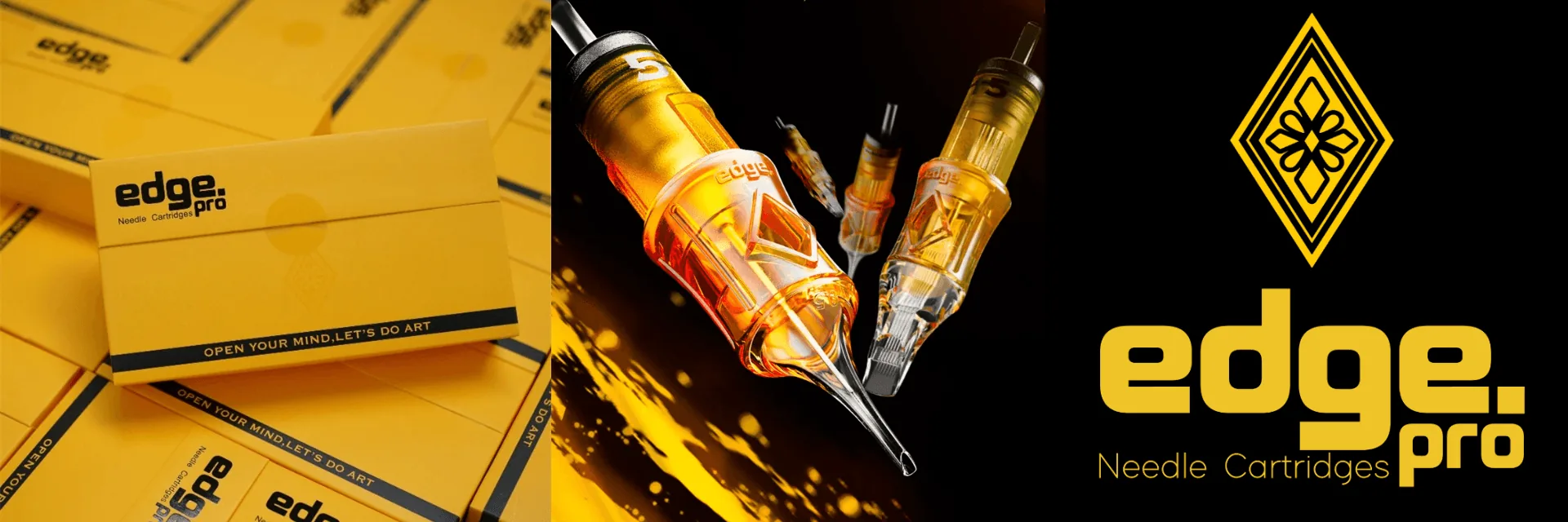 Edge Pro Needle Cartridges: gestapelte gelbe Verpackungen mit dem Aufdruck Open Your Mind Let's Do Art, Nahaufnahme mehrerer Cartridges mit sichtbarer Nadelanzahl und das Edge Pro Logo