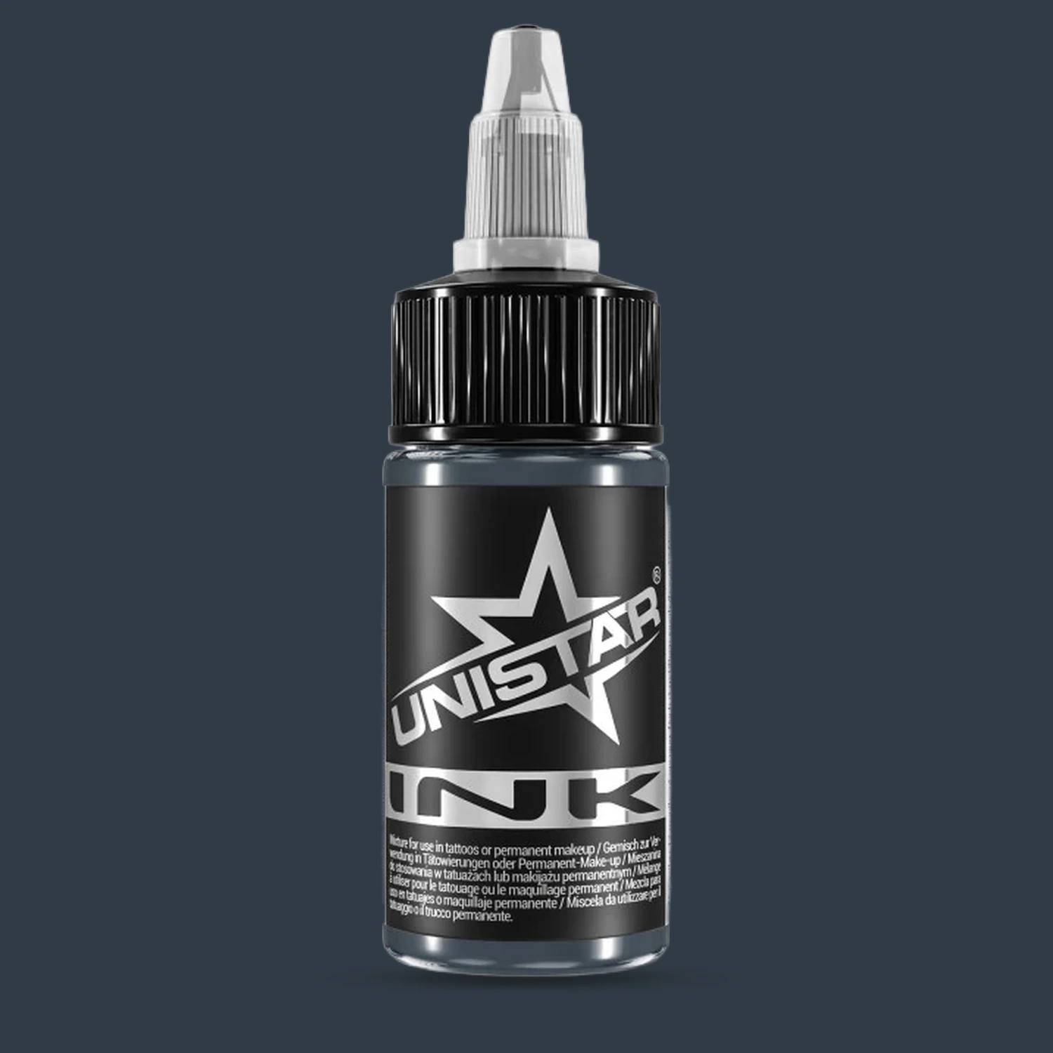 Unistar Blue Gray 5 Tattoofarbe in der 30-ml-Flasche vor einem Hintergrund im Farbton der Farbe, graue Tattoofarbe