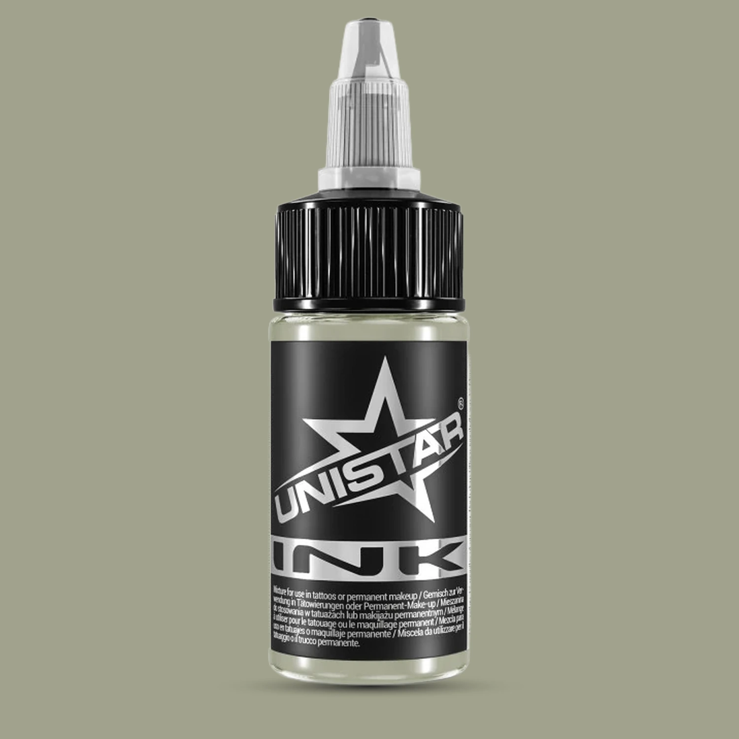 Unistar Frost Gray Tattoofarbe in der 30-ml-Flasche vor einem Hintergrund im Farbton der Farbe, graue Tattoofarbe