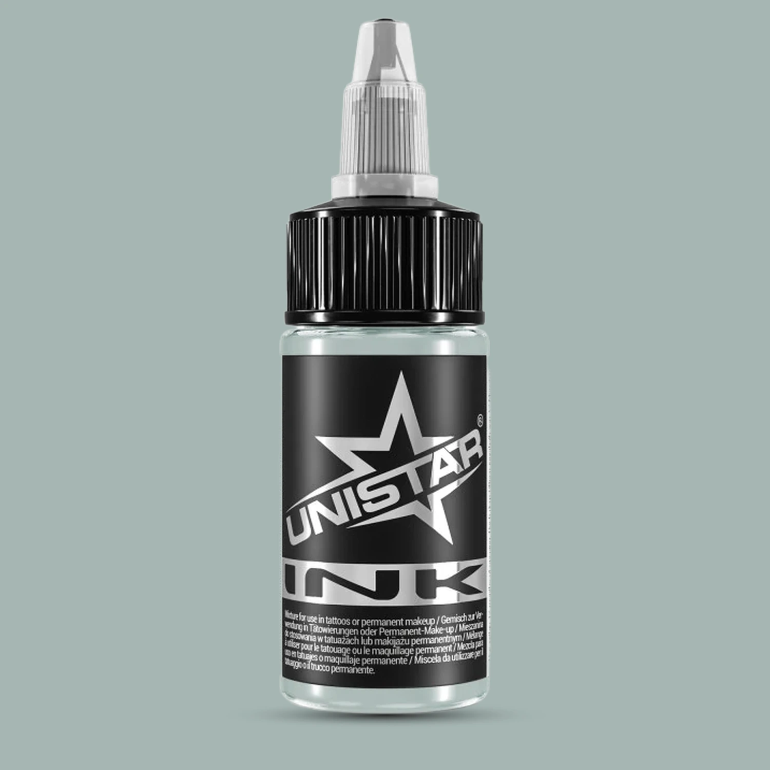 Unistar Celadon Green Tattoofarbe in der 30-ml-Flasche vor einem Hintergrund im Farbton der Farbe, grüne Tattoofarbe