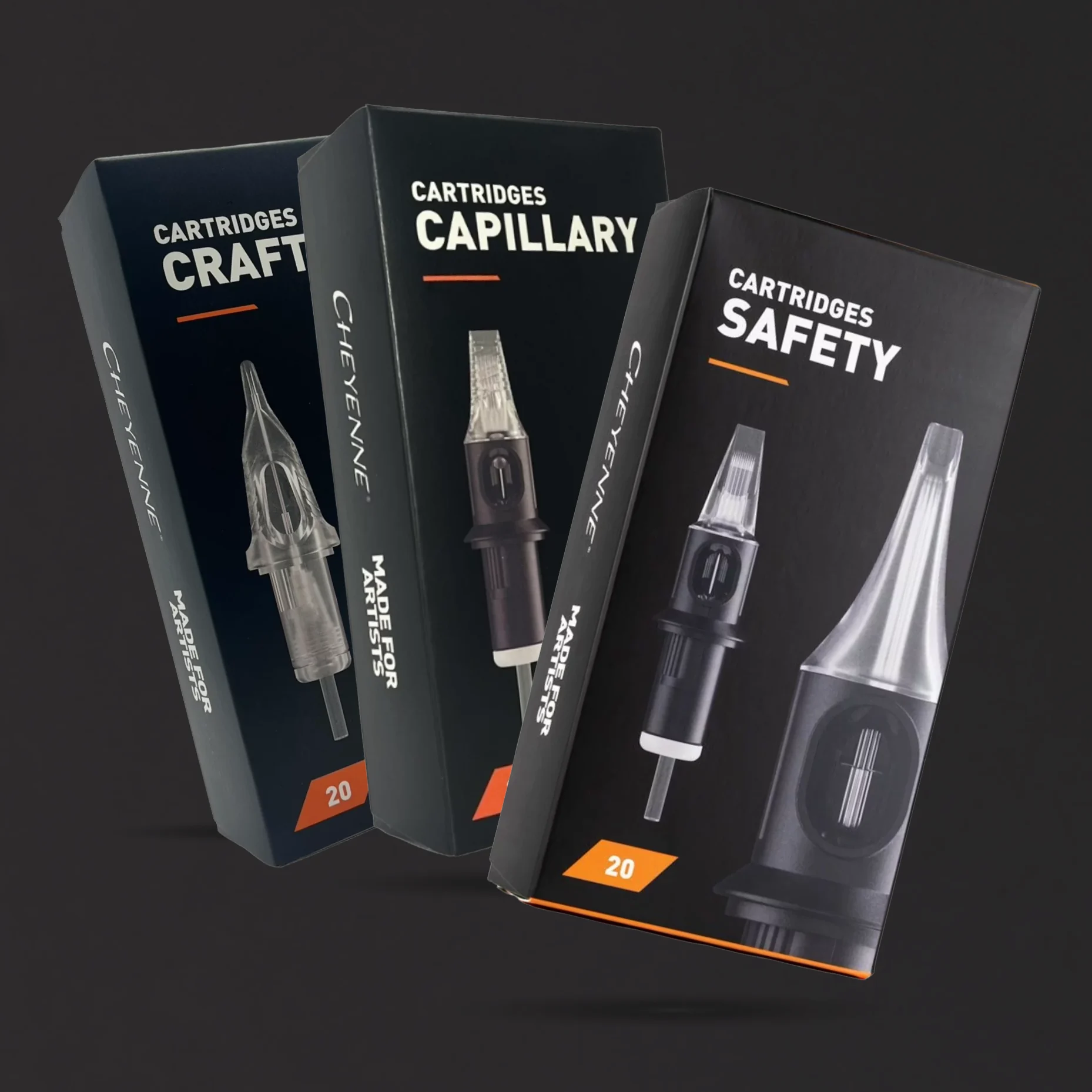 Drei Cheyenne Cartridge-Verpackungen nebeneinander: Craft, Capillary und Safety, je 20 Stück, mit Aufdruck Made for Artists