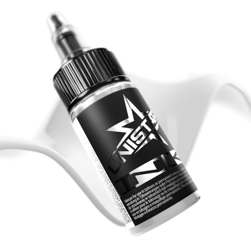 Unistar Blending White als Farbschwung um die 30-ml-Flasche, weiße Tattoofarbe