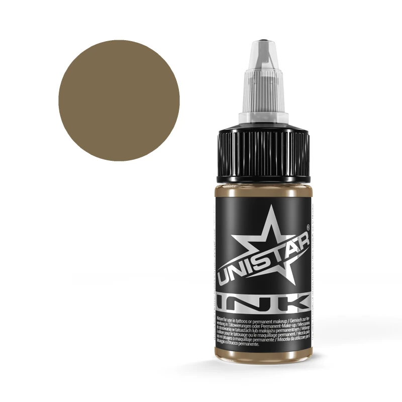 Unistar Light Brown Tattoofarbe in der 30-ml-Flasche mit Farbmuster, braune Tattoofarbe