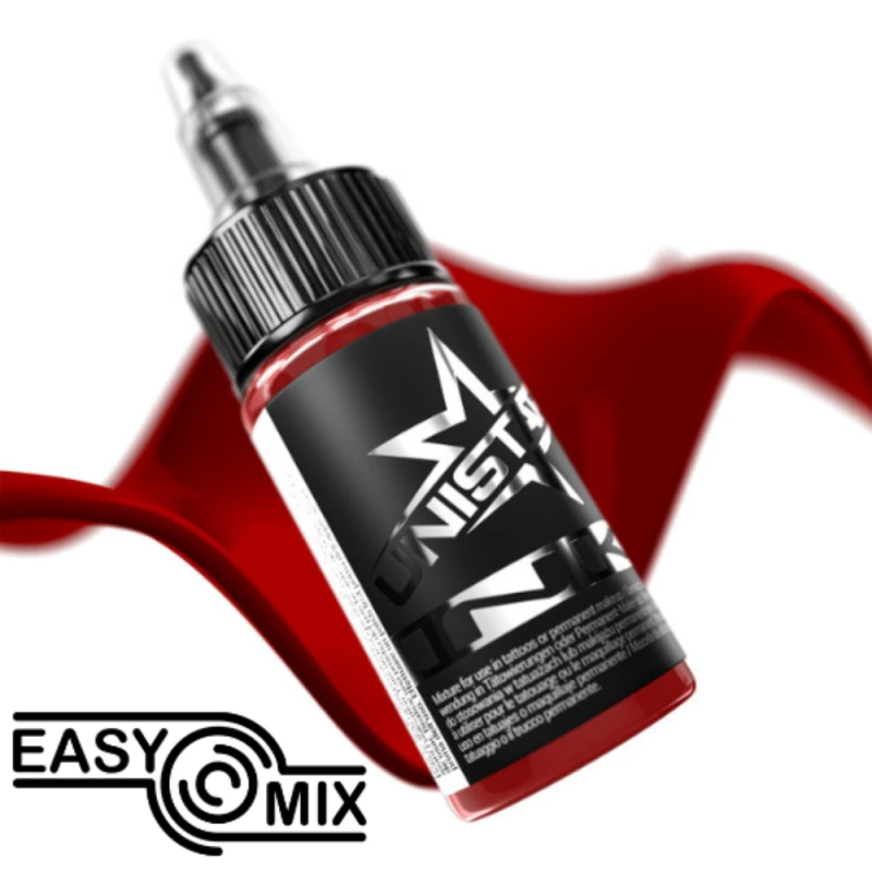 Unistar Top Basic Dark Red als Farbschwung um die 30-ml-Flasche, rote Tattoofarbe