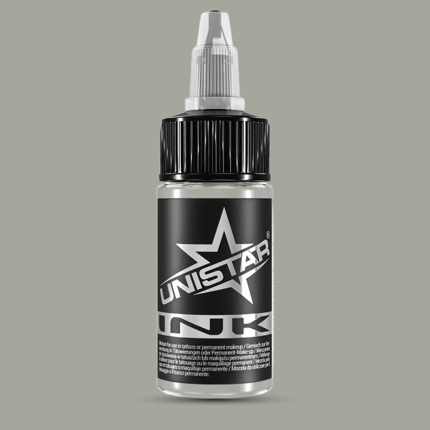 Unistar Solid Gray #1 Tattoofarbe in der 30-ml-Flasche vor einem Hintergrund im Farbton der Farbe, graue Tattoofarbe