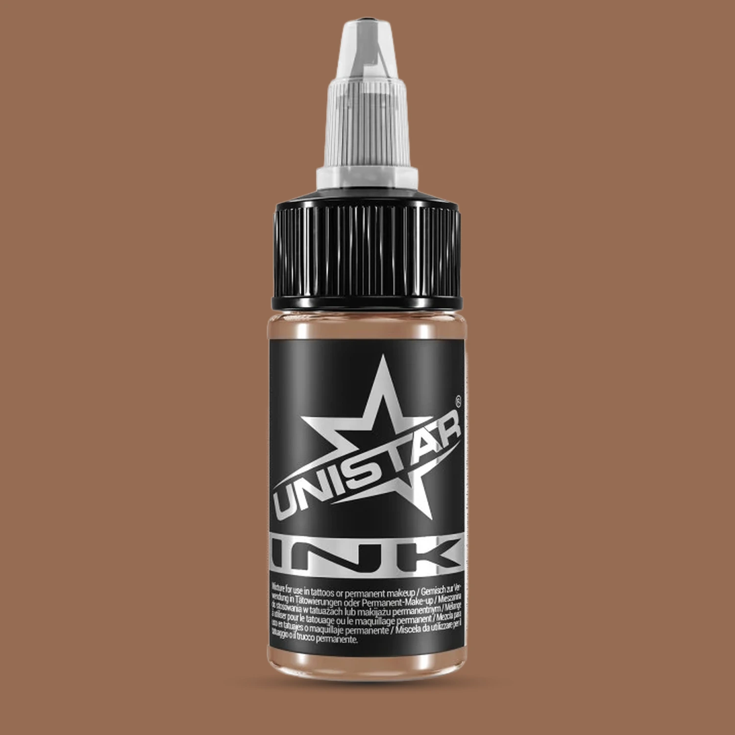 Unistar Skintone 3 Tattoofarbe in der 30-ml-Flasche vor einem Hintergrund im Farbton der Farbe, Tattoofarbe im Hautton