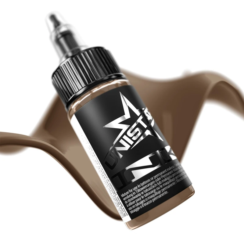 Unistar Tobacco Brown als Farbschwung um die 30-ml-Flasche, braune Tattoofarbe