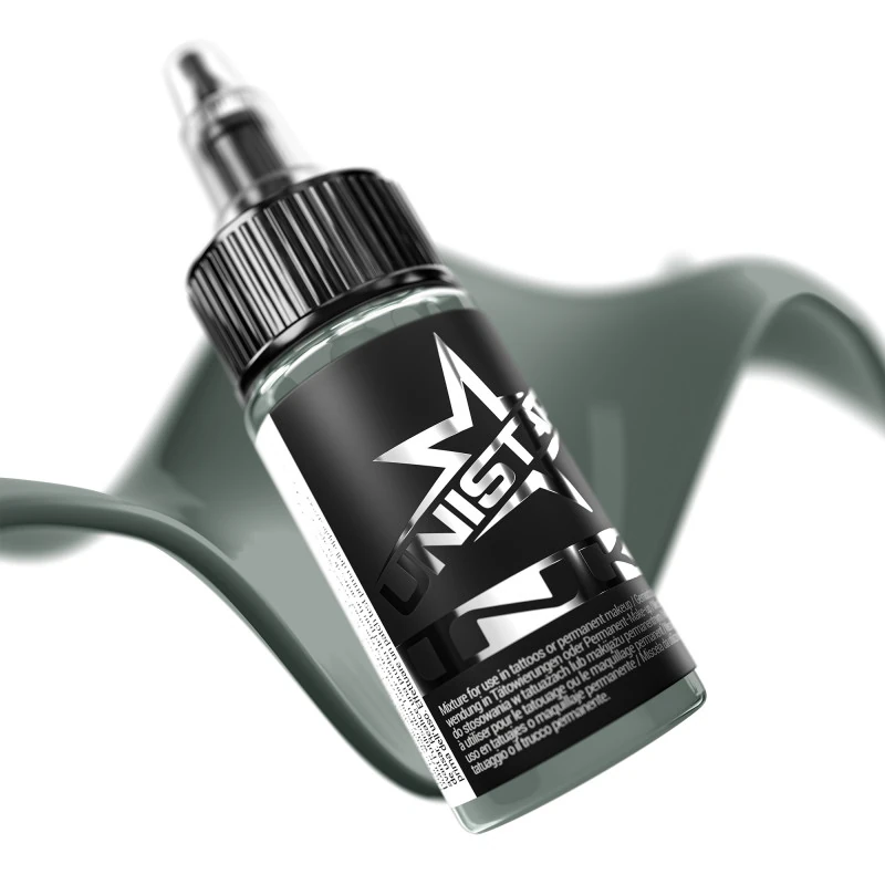 Unistar Forest Shadow als Farbschwung um die 30-ml-Flasche, grüne Tattoofarbe