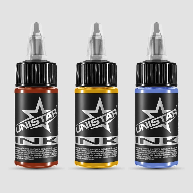 Unistar Tattoo Farben Tomato Red, Golden Yellow und Process Blue