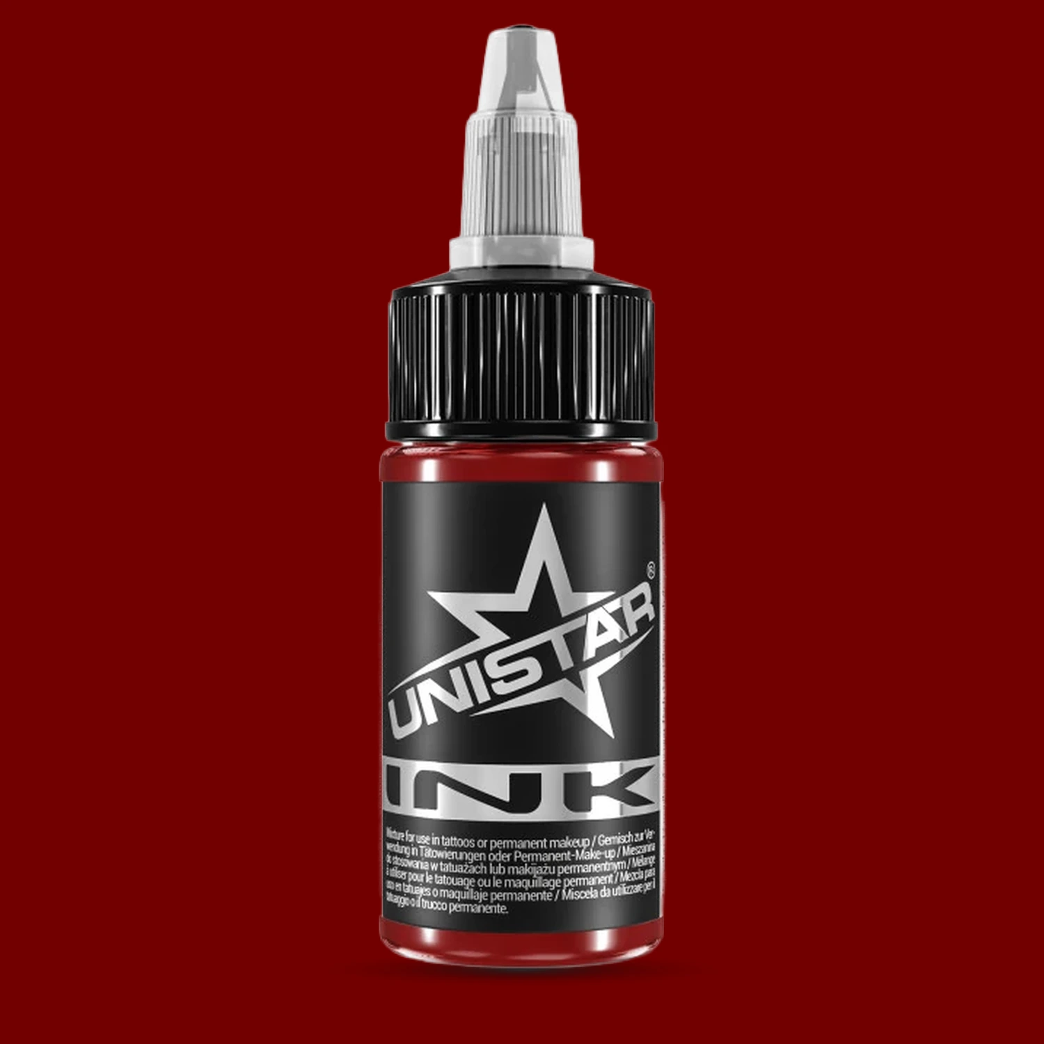 Unistar Top Basic Dark Red Tattoofarbe in der 30-ml-Flasche vor einem Hintergrund im Farbton der Farbe, rote Tattoofarbe