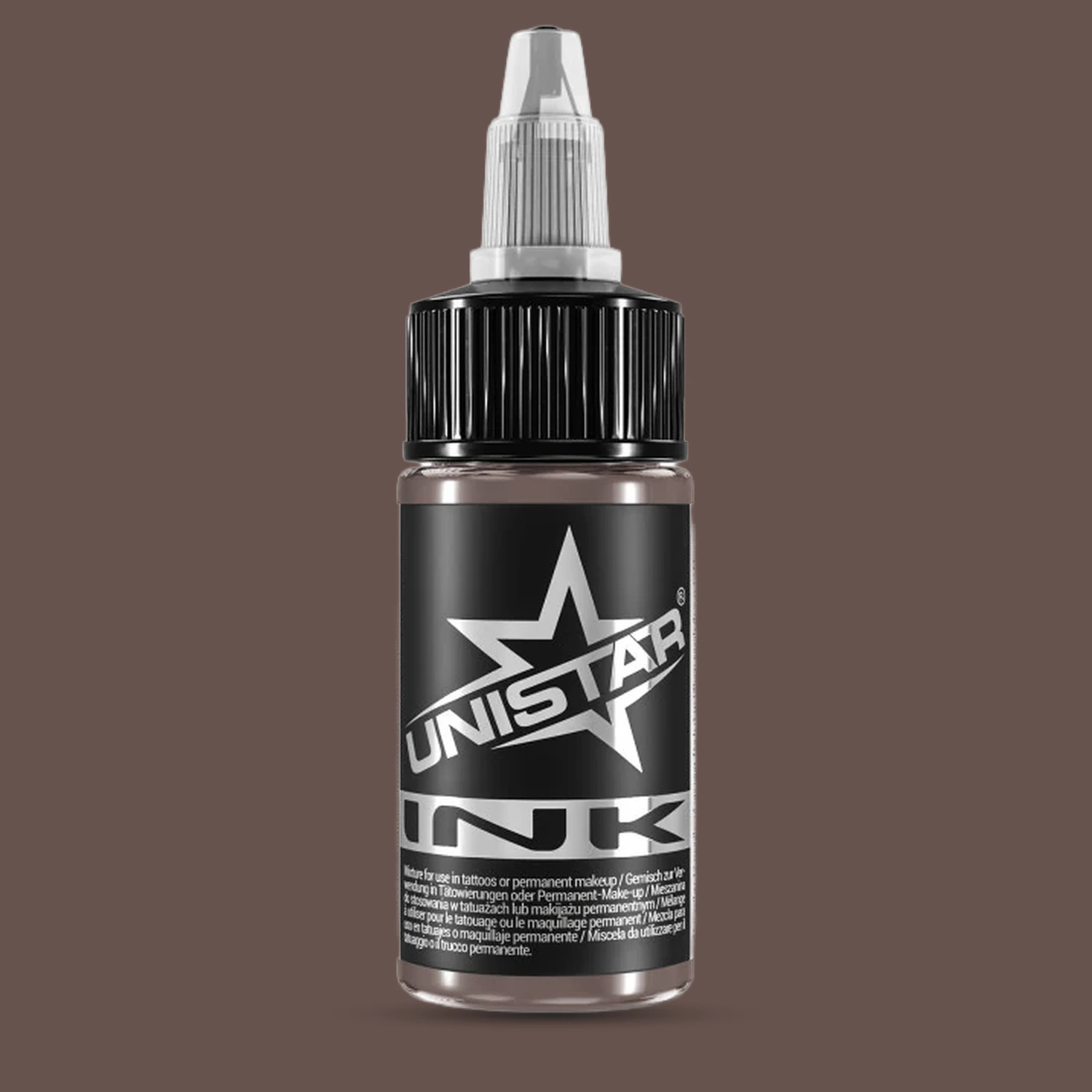 Unistar Skintone 10 Tattoofarbe in der 30-ml-Flasche vor einem Hintergrund im Farbton der Farbe, Tattoofarbe im Hautton