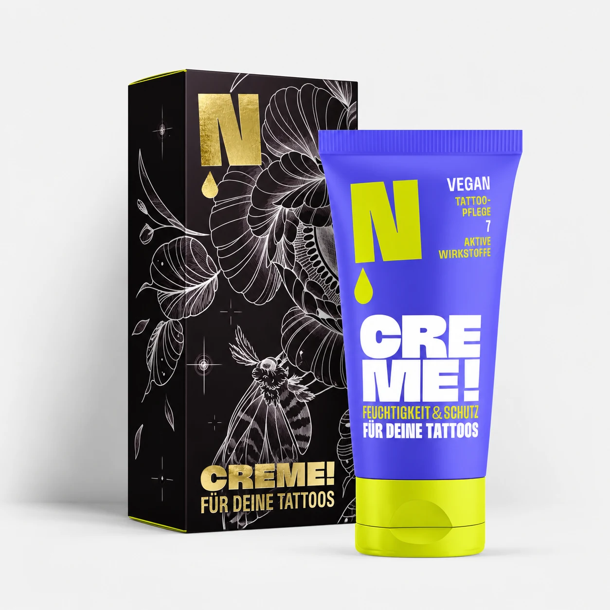 Neba Aftercare Creme 50 ml, Tattoo Creme in der Vivien Jost Box mit Mottenmotiv