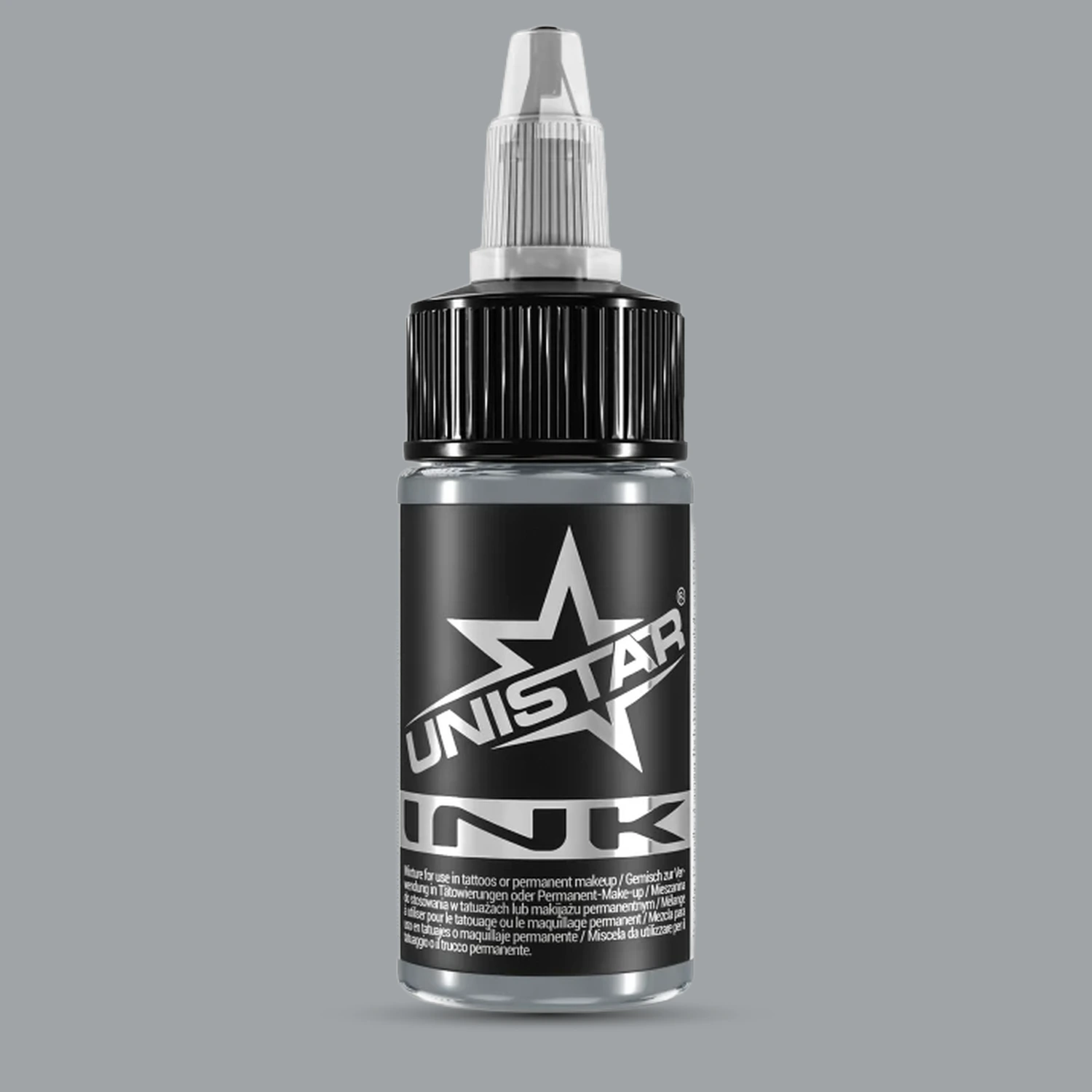 Unistar Basic Gray Medium Tattoofarbe in der 30-ml-Flasche vor einem Hintergrund im Farbton der Farbe, graue Tattoofarbe