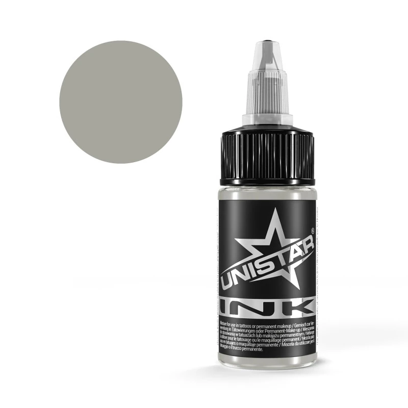 Unistar Solid Gray #1 Tattoofarbe in der 30-ml-Flasche mit Farbmuster, graue Tattoofarbe