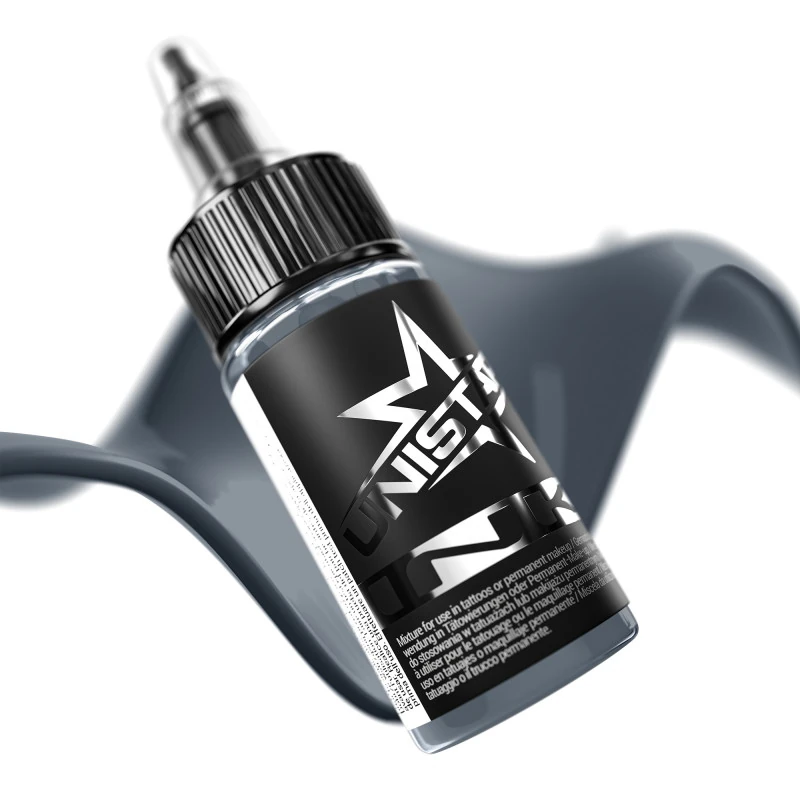 Unistar Blue Gray 1 als Farbschwung um die 30-ml-Flasche, graue Tattoofarbe