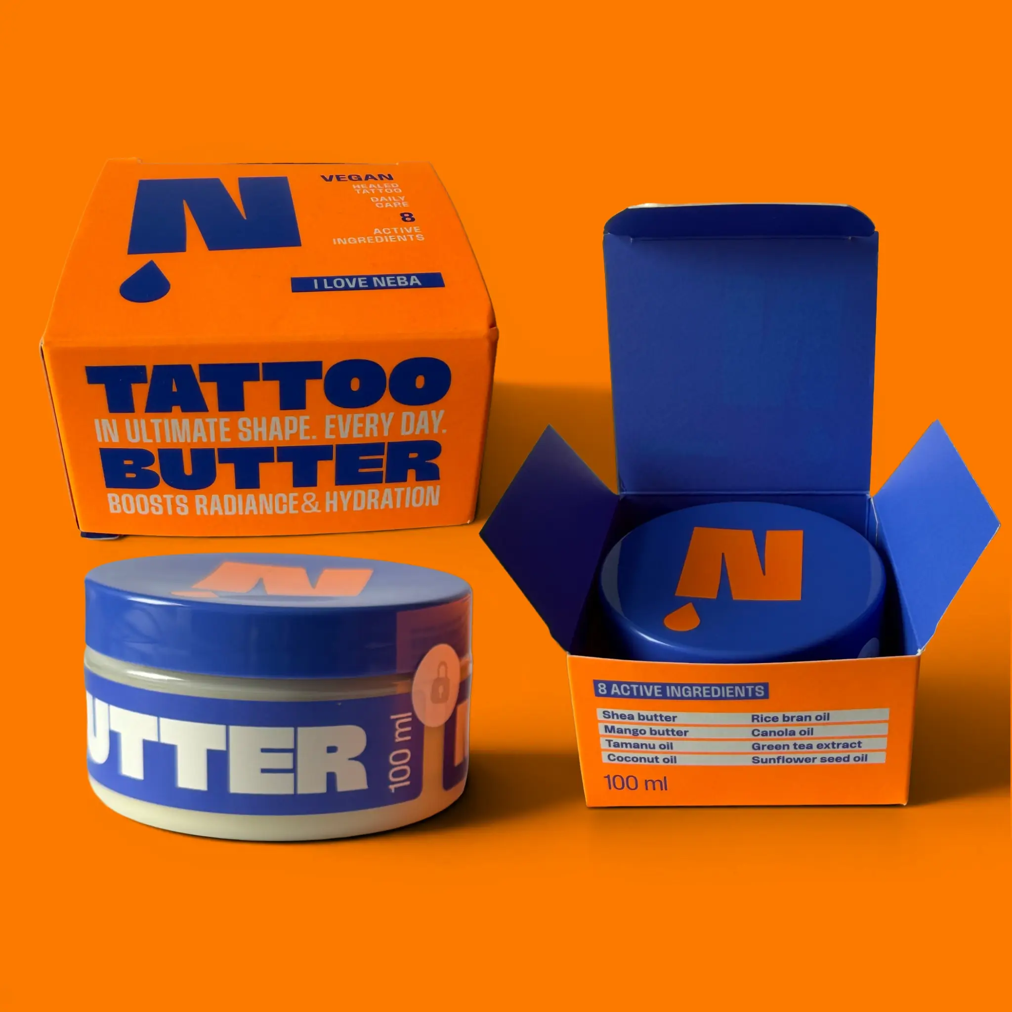 NEBA Tattoo Butter I Love Neba 100 ml Dose und Verpackung