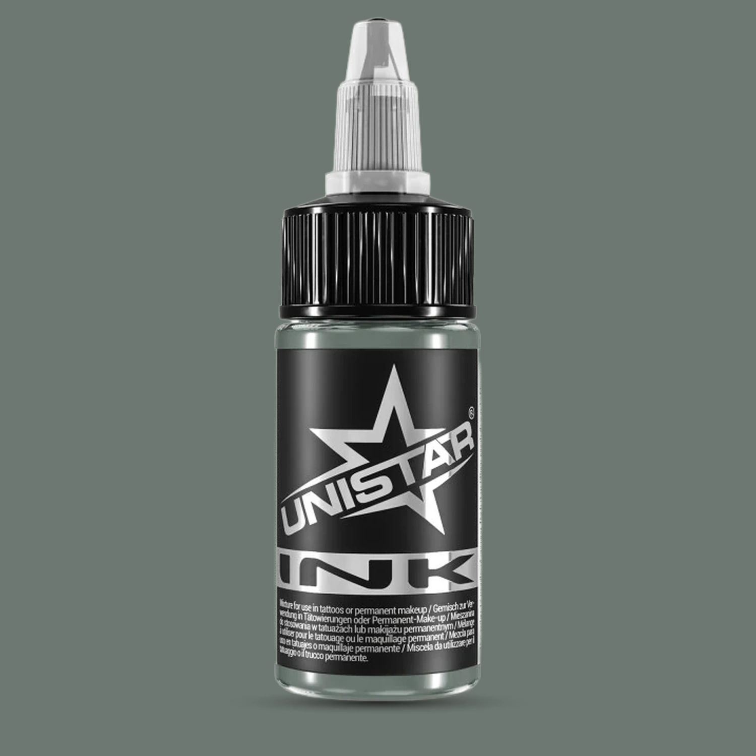 Unistar Forest Shadow Tattoofarbe in der 30-ml-Flasche vor einem Hintergrund im Farbton der Farbe, grüne Tattoofarbe